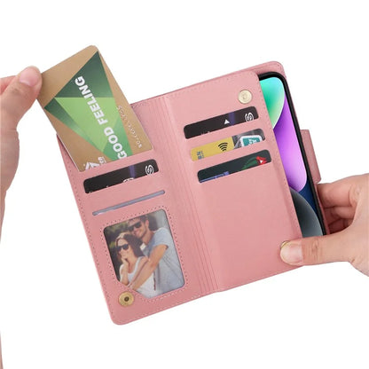 For iPhone 15 Plus Wallet Rivet Decor PU Leather Case Stand Phone Cover