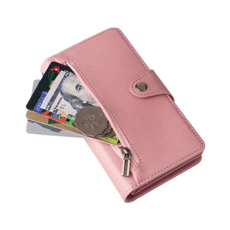 For iPhone 15 Plus Wallet Rivet Decor PU Leather Case Stand Phone Cover