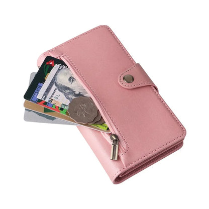 For iPhone 15 Plus Wallet Rivet Decor PU Leather Case Stand Phone Cover
