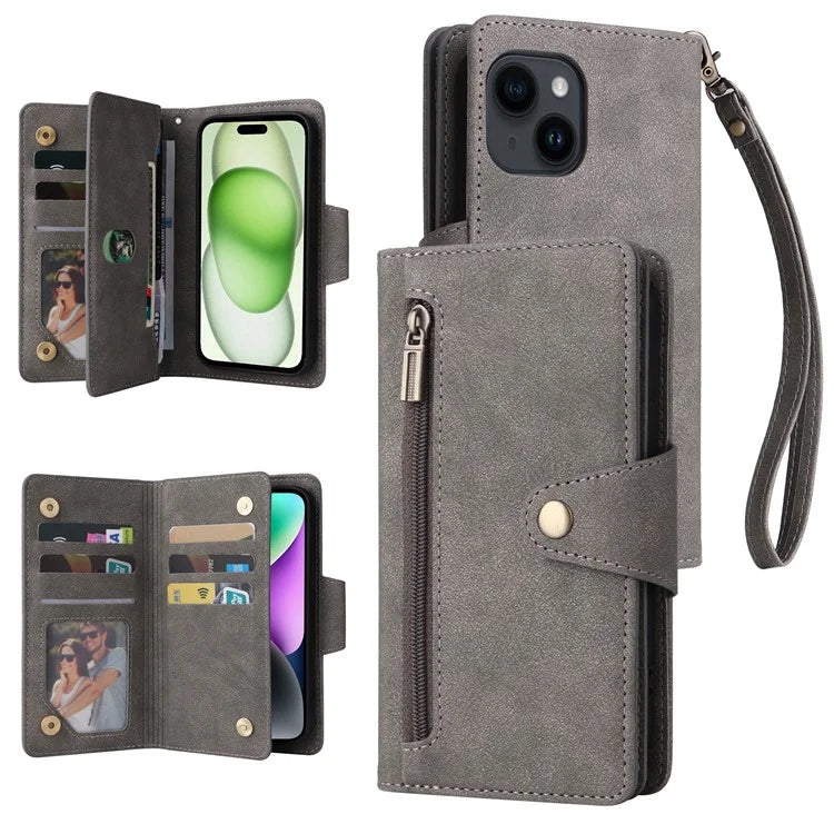 For iPhone 15 Plus Wallet Rivet Decor PU Leather Case Stand Phone Cover