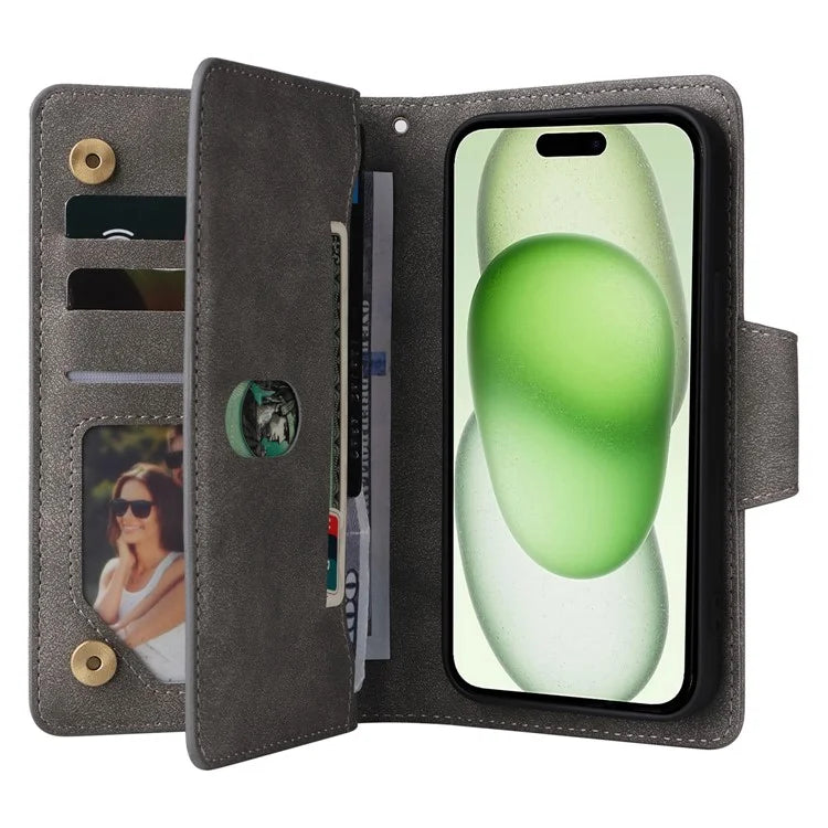 For iPhone 15 Plus Wallet Rivet Decor PU Leather Case Stand Phone Cover