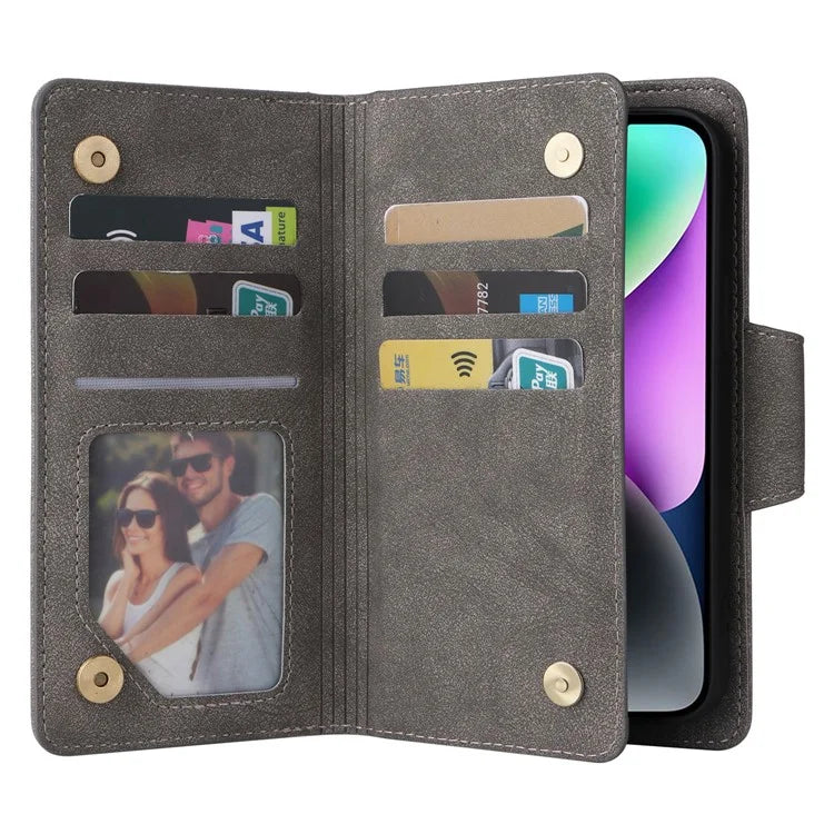 For iPhone 15 Plus Wallet Rivet Decor PU Leather Case Stand Phone Cover