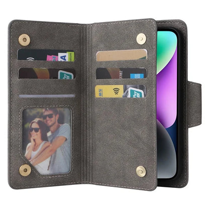 For iPhone 15 Plus Wallet Rivet Decor PU Leather Case Stand Phone Cover
