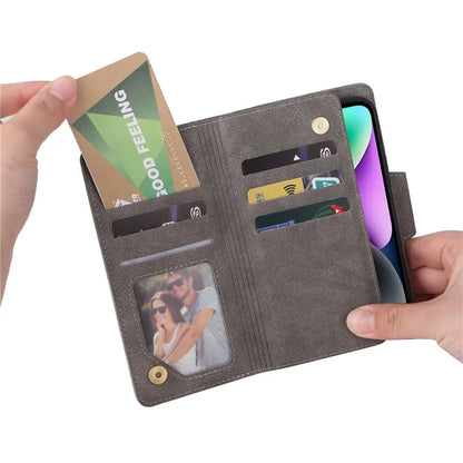 For iPhone 15 Plus Wallet Rivet Decor PU Leather Case Stand Phone Cover