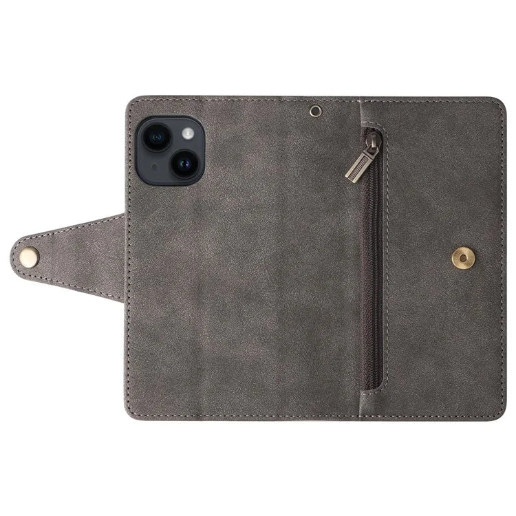 For iPhone 15 Plus Wallet Rivet Decor PU Leather Case Stand Phone Cover