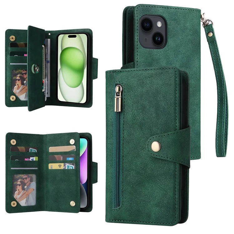 For iPhone 15 Plus Wallet Rivet Decor PU Leather Case Stand Phone Cover