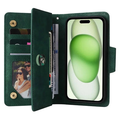 For iPhone 15 Plus Wallet Rivet Decor PU Leather Case Stand Phone Cover