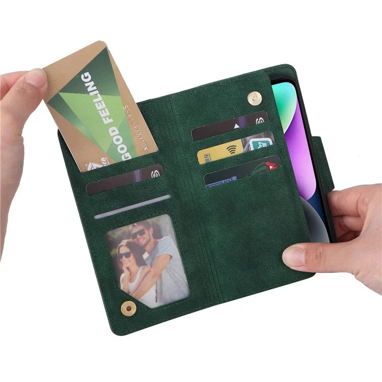 For iPhone 15 Plus Wallet Rivet Decor PU Leather Case Stand Phone Cover