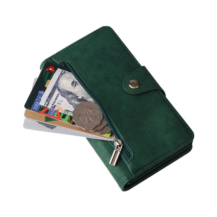 For iPhone 15 Plus Wallet Rivet Decor PU Leather Case Stand Phone Cover