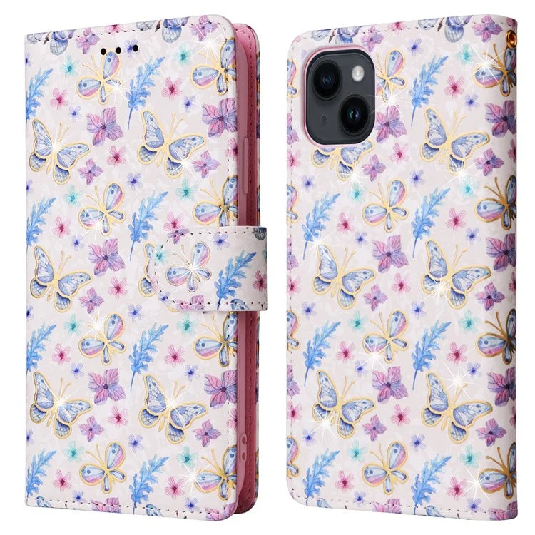 For iPhone 15 Cell Phone Case Lacquered RFID Blocking PU Leather Stand Cover