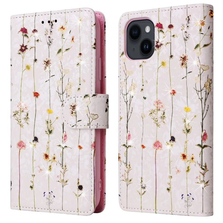 For iPhone 15 Cell Phone Case Lacquered RFID Blocking PU Leather Stand Cover