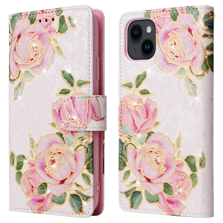 For iPhone 15 Cell Phone Case Lacquered RFID Blocking PU Leather Stand Cover