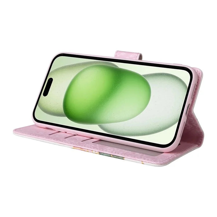 For iPhone 15 Cell Phone Case Lacquered RFID Blocking PU Leather Stand Cover