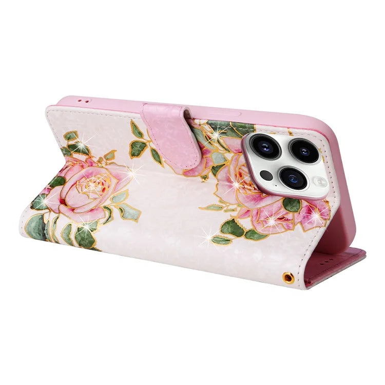 For iPhone 15 Pro Cell Phone Case Lacquered RFID Blocking Leather Flip Cover