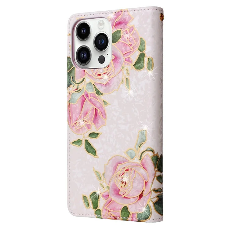 For iPhone 15 Pro Cell Phone Case Lacquered RFID Blocking Leather Flip Cover