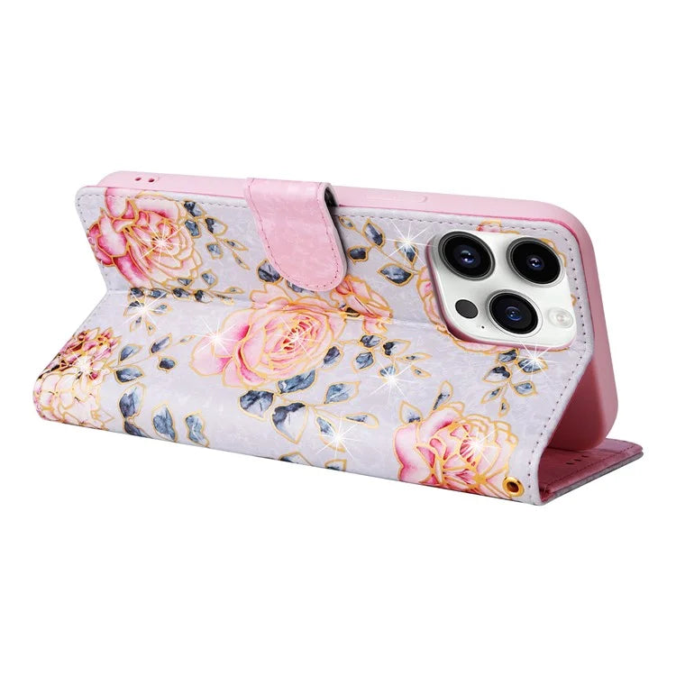 For iPhone 15 Pro Cell Phone Case Lacquered RFID Blocking Leather Flip Cover