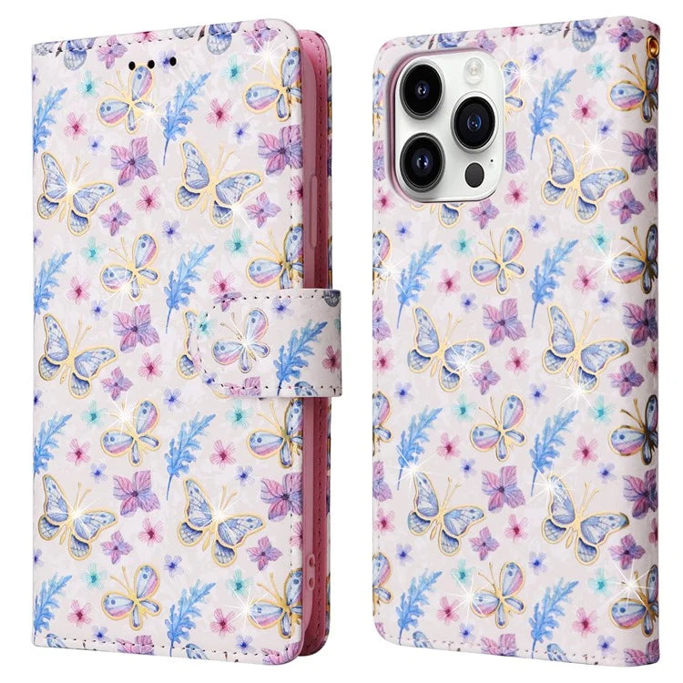 For iPhone 15 Pro Max Lacquered Phone Case RFID Blocking Leather Flip Cover