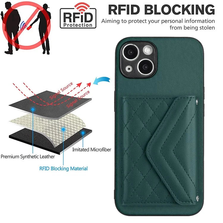 YB Leather Coating Series-8 Phone Case for iPhone 15 RFID Blocking Card Holder Protective Cover