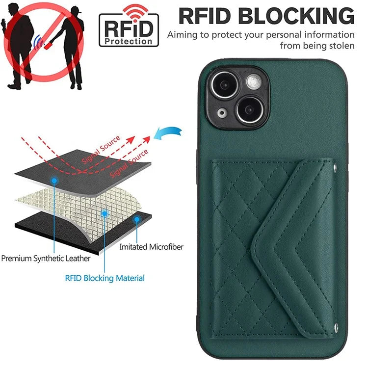 YB Leather Coating Series-8 Cell Phone Case for iPhone 14 RFID Blocking Back Cover with Card Slots