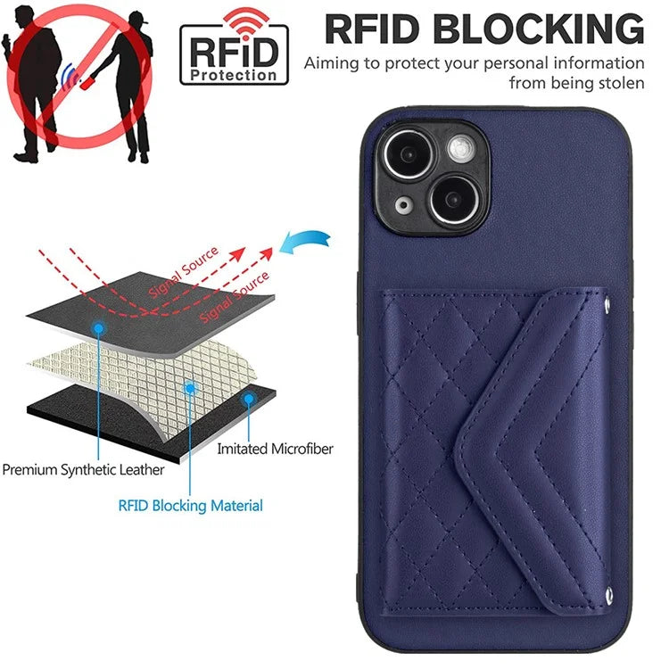 YB Leather Coating Series-8 Cell Phone Case for iPhone 14 RFID Blocking Back Cover with Card Slots