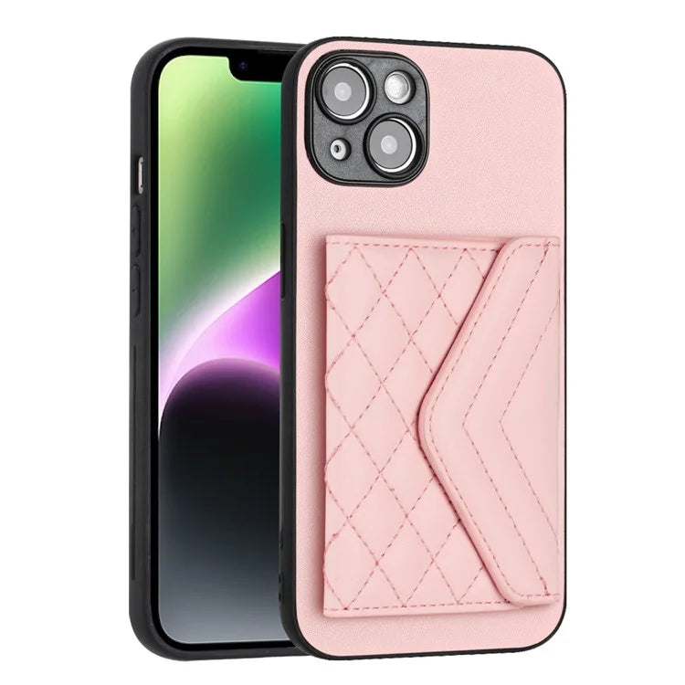 YB Leather Coating Series-8 Cell Phone Case for iPhone 14 RFID Blocking Back Cover with Card Slots