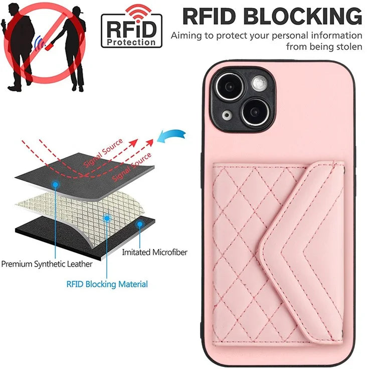 YB Leather Coating Series-8 Cell Phone Case for iPhone 14 RFID Blocking Back Cover with Card Slots