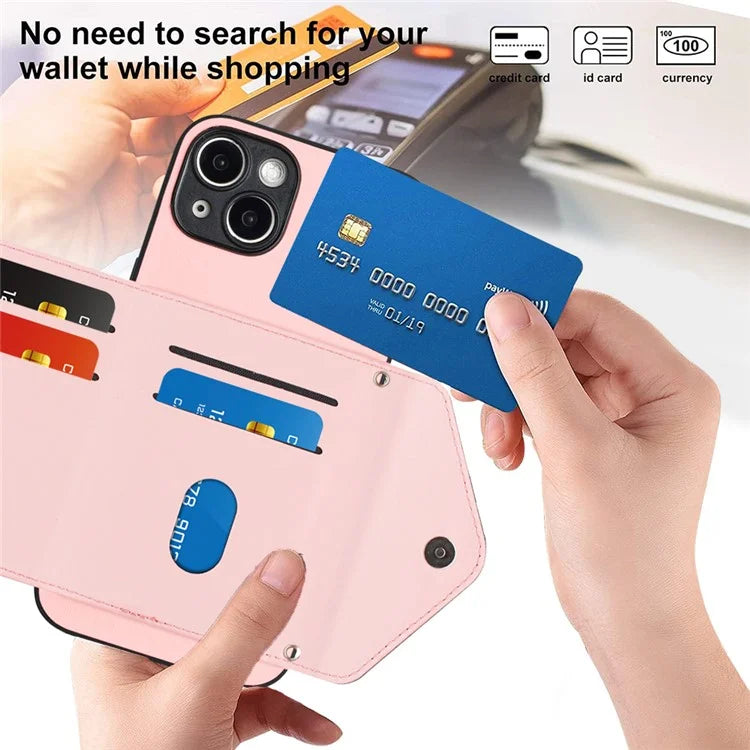 YB Leather Coating Series-8 Cell Phone Case for iPhone 14 RFID Blocking Back Cover with Card Slots