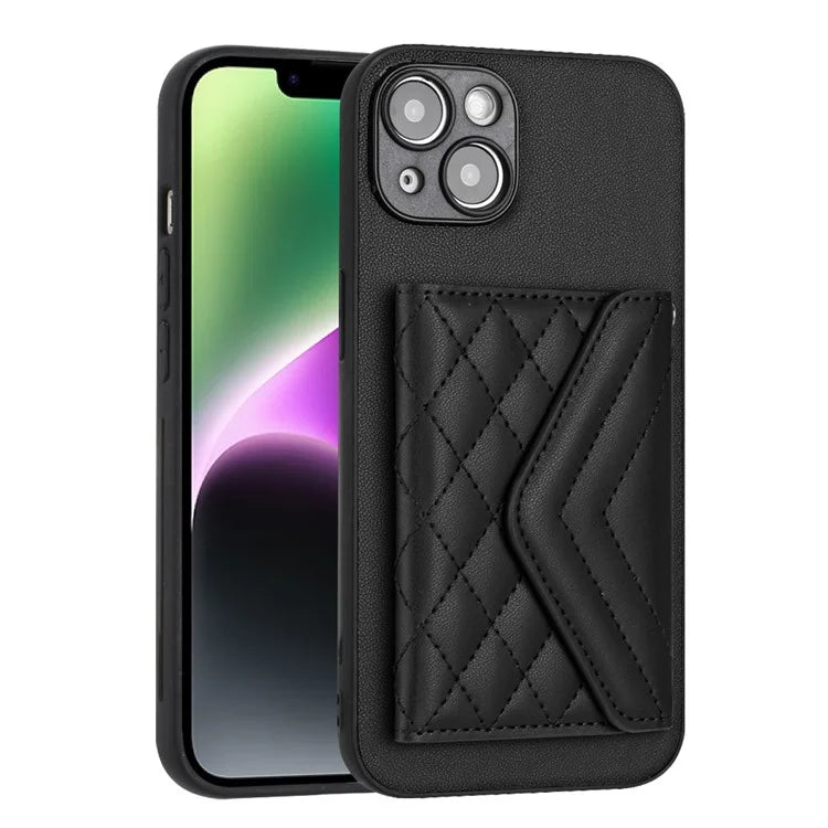 YB Leather Coating Series-8 Cell Phone Case for iPhone 14 RFID Blocking Back Cover with Card Slots