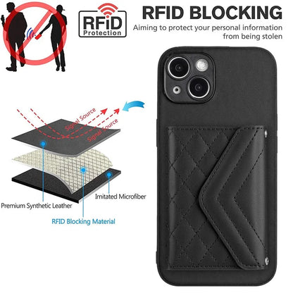 YB Leather Coating Series-8 Cell Phone Case for iPhone 14 RFID Blocking Back Cover with Card Slots