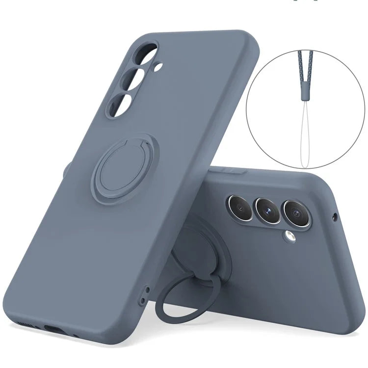 For Samsung Galaxy A05s 4G Liquid Silicone Case Ring Kickstand Cover with Strap