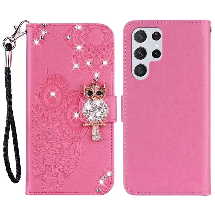For Samsung Galaxy S24 Ultra Wallet Case Owl Flower Imprinted Rhinestone Leather Cover