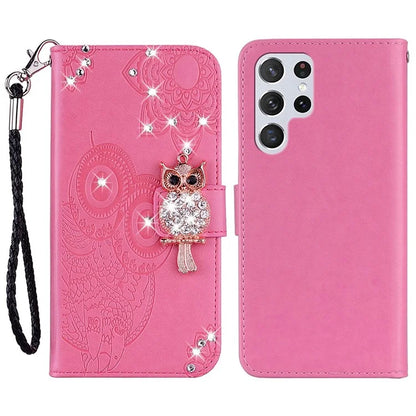 For Samsung Galaxy S24 Ultra Wallet Case Owl Flower Imprinted Rhinestone Leather Cover