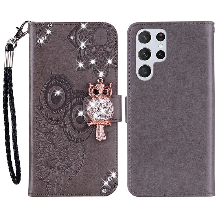 For Samsung Galaxy S24 Ultra Wallet Case Owl Flower Imprinted Rhinestone Leather Cover