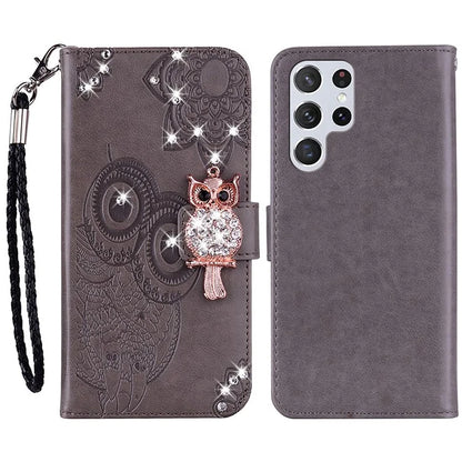 For Samsung Galaxy S24 Ultra Wallet Case Owl Flower Imprinted Rhinestone Leather Cover