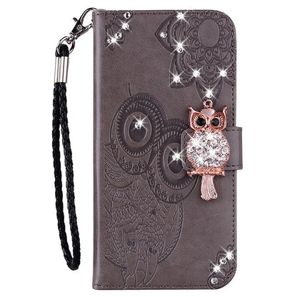 For Samsung Galaxy S24 Ultra Wallet Case Owl Flower Imprinted Rhinestone Leather Cover