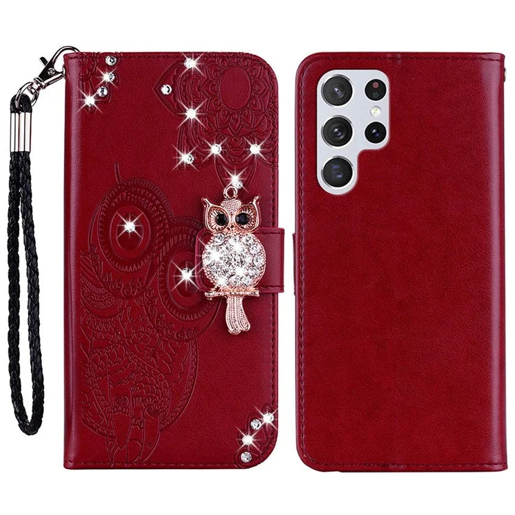 For Samsung Galaxy S24 Ultra Wallet Case Owl Flower Imprinted Rhinestone Leather Cover