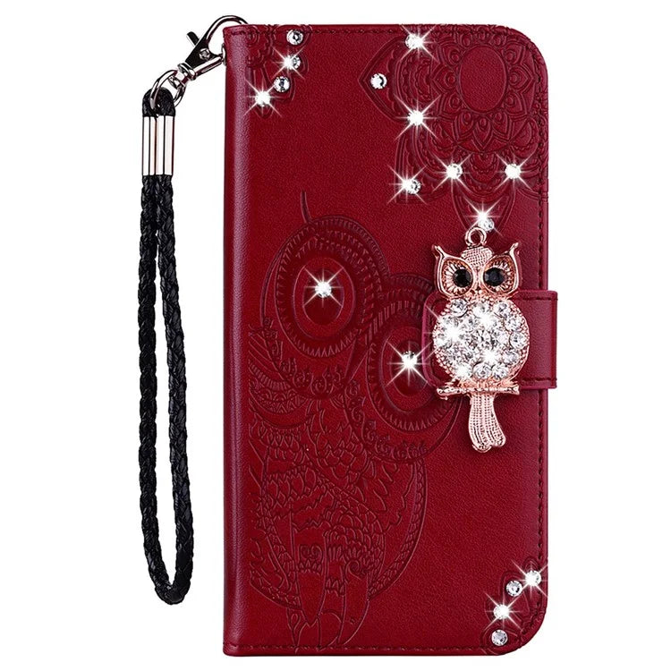 For Samsung Galaxy S24 Ultra Wallet Case Owl Flower Imprinted Rhinestone Leather Cover