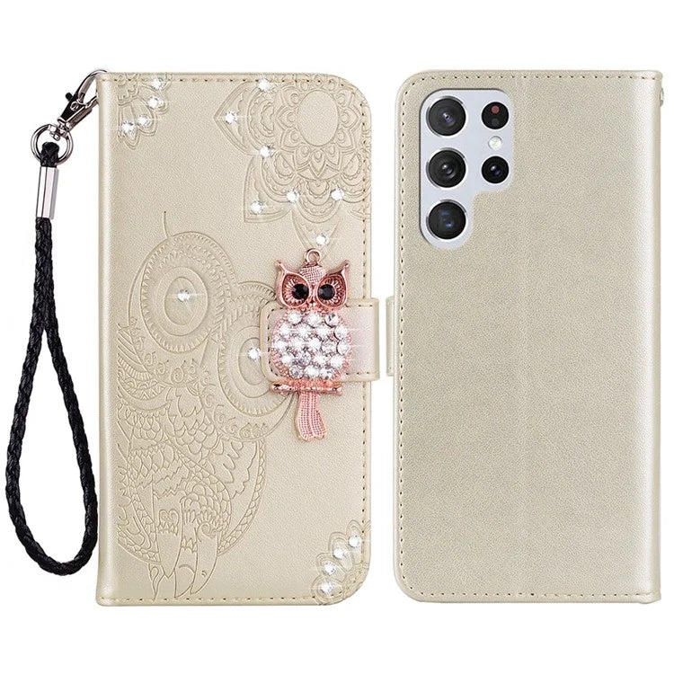For Samsung Galaxy S24 Ultra Wallet Case Owl Flower Imprinted Rhinestone Leather Cover