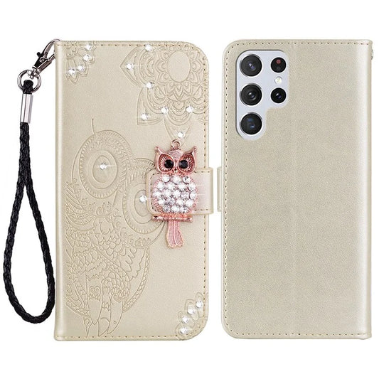 For Samsung Galaxy S24 Ultra Wallet Case Owl Flower Imprinted Rhinestone Leather Cover