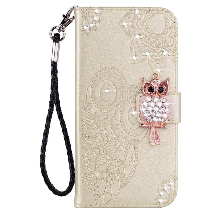For Samsung Galaxy S24 Ultra Wallet Case Owl Flower Imprinted Rhinestone Leather Cover