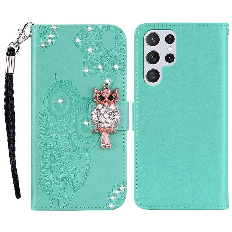 For Samsung Galaxy S24 Ultra Wallet Case Owl Flower Imprinted Rhinestone Leather Cover