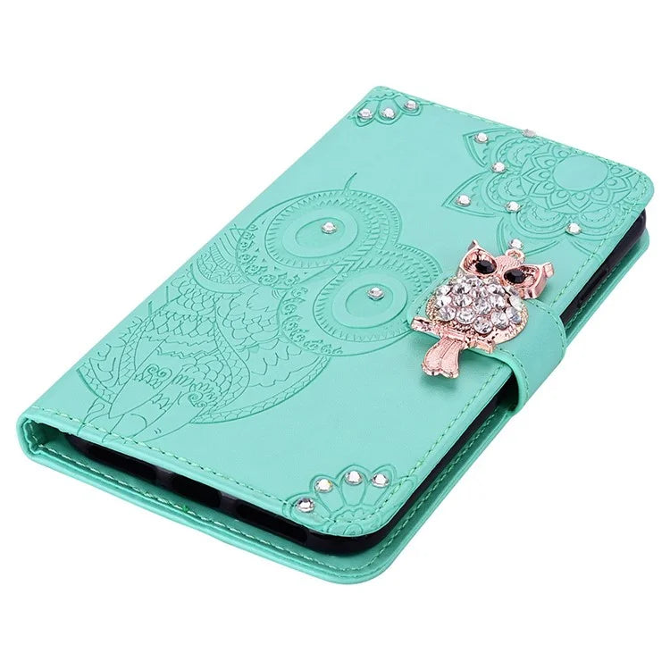 For Samsung Galaxy S24 Ultra Wallet Case Owl Flower Imprinted Rhinestone Leather Cover