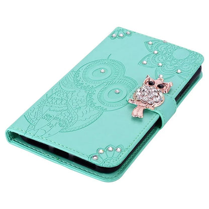 For Samsung Galaxy S24 Ultra Wallet Case Owl Flower Imprinted Rhinestone Leather Cover