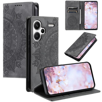 For Xiaomi Redmi Note 13 Pro+ 5G Wallet Phone Case Imprinted Flower Pattern Leather Flip Cover