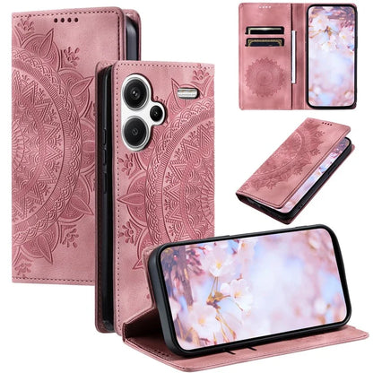 For Xiaomi Redmi Note 13 Pro+ 5G Wallet Phone Case Imprinted Flower Pattern Leather Flip Cover