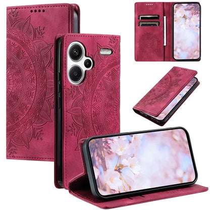 For Xiaomi Redmi Note 13 Pro+ 5G Wallet Phone Case Imprinted Flower Pattern Leather Flip Cover