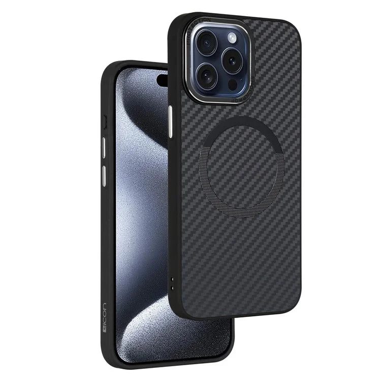 ICON For iPhone 15 Pro Case Carbon Fiber Texture TPU+PC Phone Shell Compatible with MagSafe