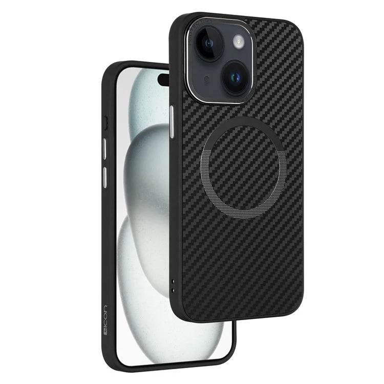 ICON TPU+PC Slim Phone Cover for iPhone 15 Carbon Fiber Texture Case Compatible with MagSafe