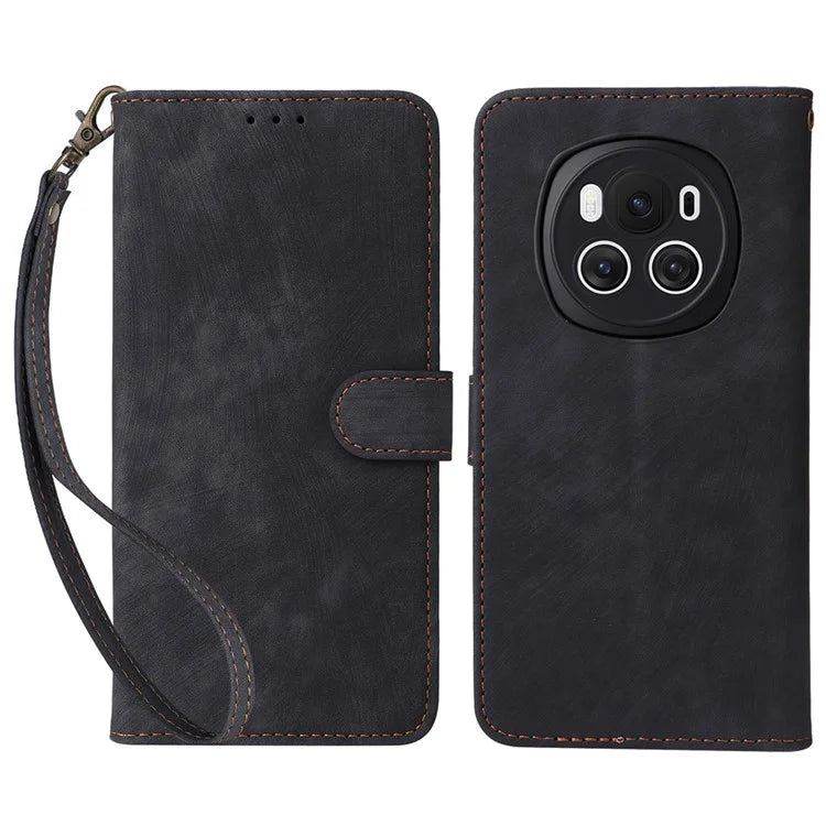 For Honor Magic6 5G Cell Phone Case RFID Blocking Drop Protection Wallet Cover with Hand Strap