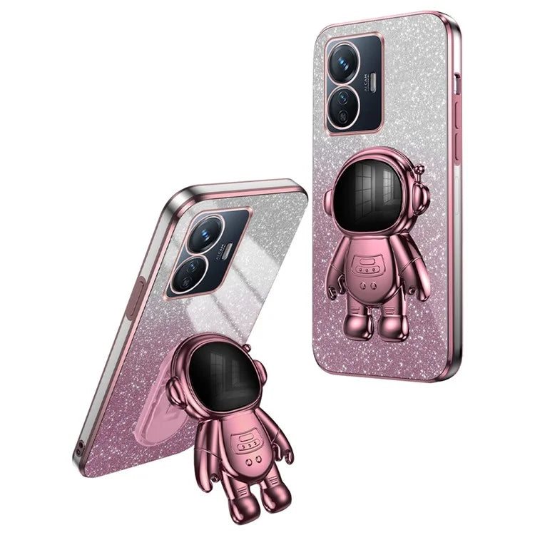 For vivo Y77 5G / Y77e 5G PC+TPU Case with Kickstand Cartoon Astronaut Electroplating Phone Shell